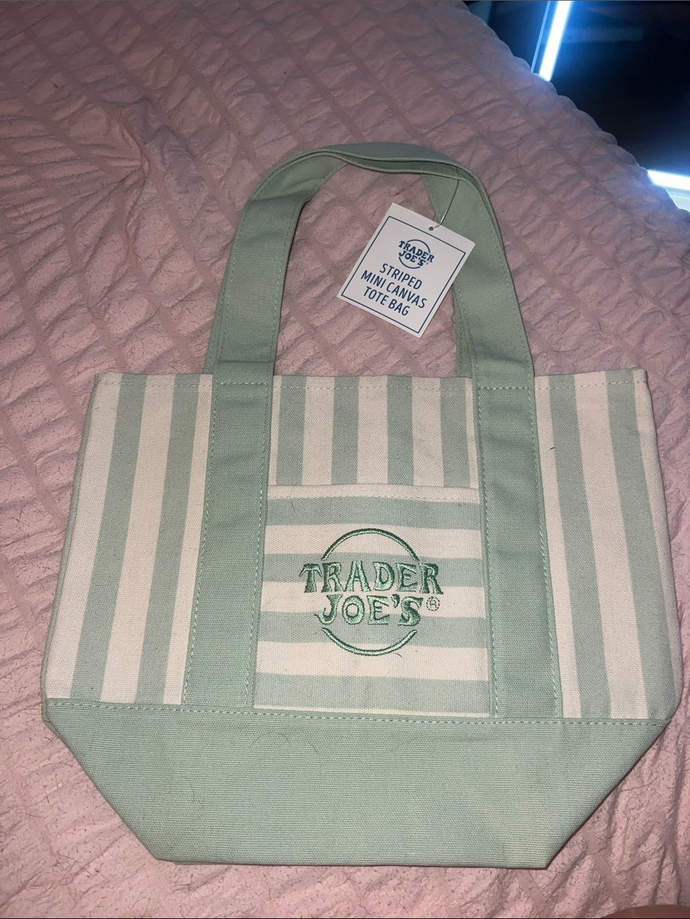 Trader Joe's Mint Green Striped Canvas Tote